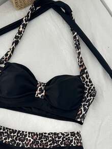 Swim Lushoire Women's Leopard Print Contrast Halter Neck Bikini Set With Boyshort Bottom, Ruched Bandeau Two Pieces Swimwear For Beach Vacation - Multicolor - View 6