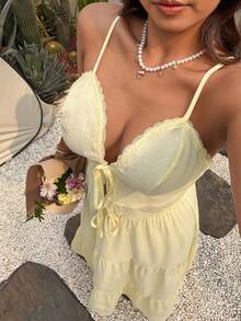 Sunnyshic Conjunto de top corto de camisola con empalmado de encaje y amarre delantero, talla grande falda de cintura con cordón y dobladillo escalonado para mujer talla grande, para vacaciones de verano en la playa - Amarillo - Ver 4
