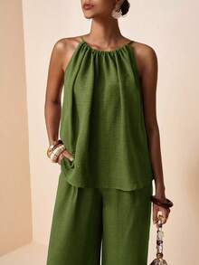 Zivah Women 2-Piece Outfit,Olive Green Summer Elegant Holiday Vacation Halter Neck Ruched Loose Top & Wide Leg Pants Set With Pockets,Bamboo Texture Fabric - Army Green - View 6