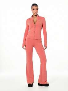 BABYPHAT ملابس علوية ذات رقبة عالية وأكمام طويلة مع سحاب وطباعة بخط ذهبي لامع، قطعة أزياء بيان - برتقالي مرجاني اللون - مشاهدة 5