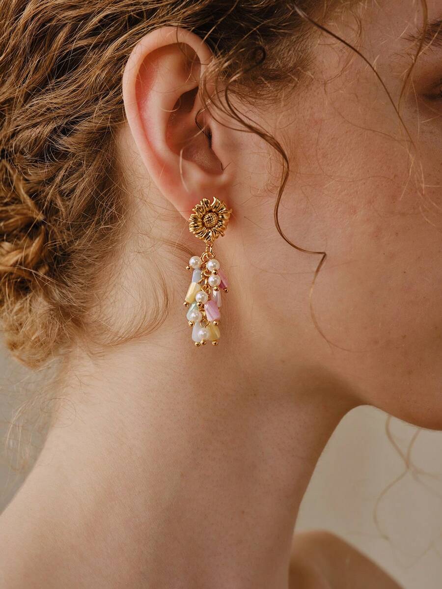 Opalesca 18K Gold Plated,Stained Glass Earrings Bracelet With Random Colors,Premium/Elegant/Classy/Dailywear/Minimalist,Pearl/Crystal,For Mom/Women/Girl/Mother,Summer/Beach/Prom/Party/Holiday/Vacation,Engagement/Wedding/Promise,Bride,Heart/Floral,Fairycore/Mermaid Core - Multicolor - View 1