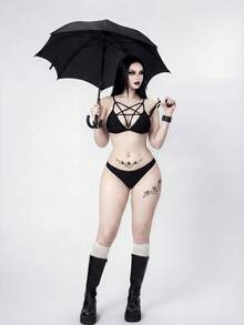 ROMWE Goth 女士夏季沙滩纯色吊带时尚比基尼和三角泳裤套装 - 黑色 - 查看 5