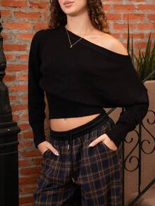 juhmazzocco Sweater Wanita Lengan Panjang Bergaris Ketat Warna Cokelat dengan Bahu Asimetris untuk Musim Gugur/Dingin, Cocok untuk Sehari-hari, Kantor, dan Acara Luar Ruangan - Hitam - View 4