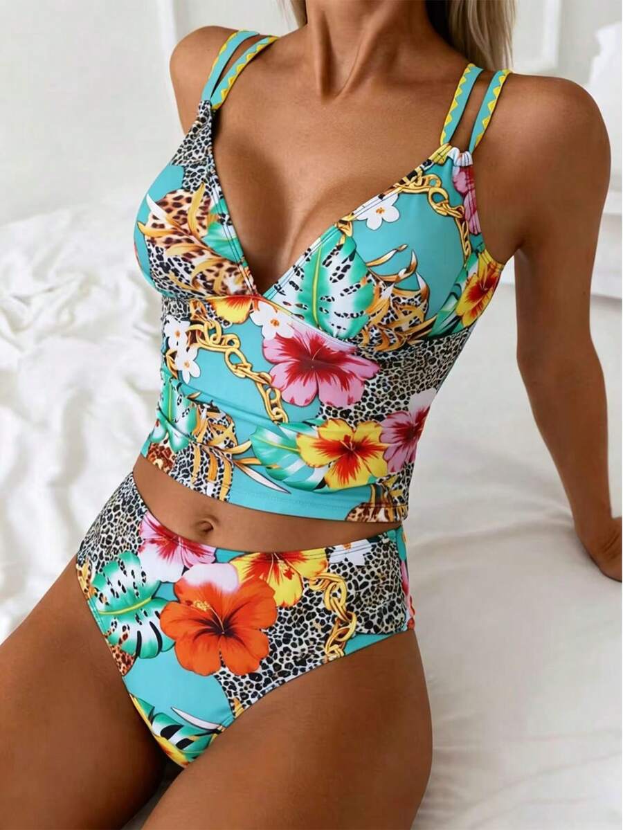 Swim Lushoire 两件套女士吊带比基尼泳衣,性感锯齿状花卉豹纹印花,欧美风格度假泳装 - 彩色 - 查看 1