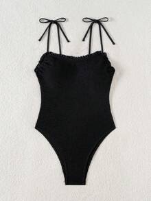 Swim Chiccia 1 件女士优雅荷叶边吊带褶皱连体泳衣 - 黑色 - 查看 5