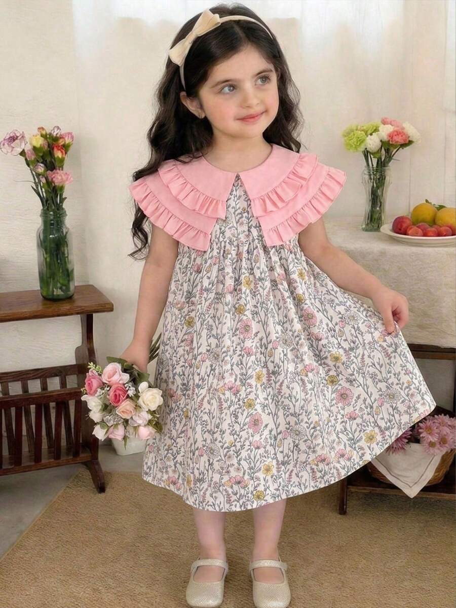 Young Girl Vacation Casual Colorblock Ruffle Floral Print Dress Young Girls Clothing Vintage Dress For Kids Kids Clothes - Pink - View 1