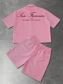 Manfinity EMRG Bộ áo sơ mi ngắn tay kẻ sọc và quần short nam, áo có túi ngực bên trái, quần short kẻ sọc cùng màu với cạp chun và túi bên hông, kiểu dáng rộng rãi, phong cách đường phố thường ngày, phù hợp cho nam giới trẻ tuổi, quà tặng cho bạn trai/chồng, trang phục đôi. - Đỏ và trắng - Xem 6