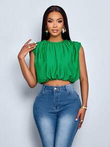 SOLERSUN Women Simple Spring Summer Daily Wear Solid Color Ruched Sleeveless Shirt Crop Tops For Ladies Casual - Green - View 6