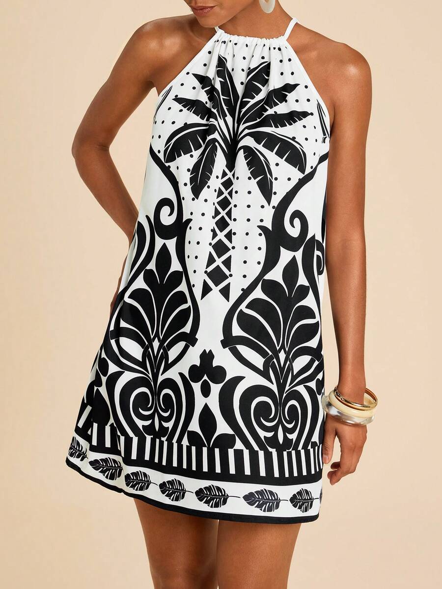 SHEIN TRVLCHIC Váy ngắn không tay in họa tiết - Đen và trắng - Xem 1
