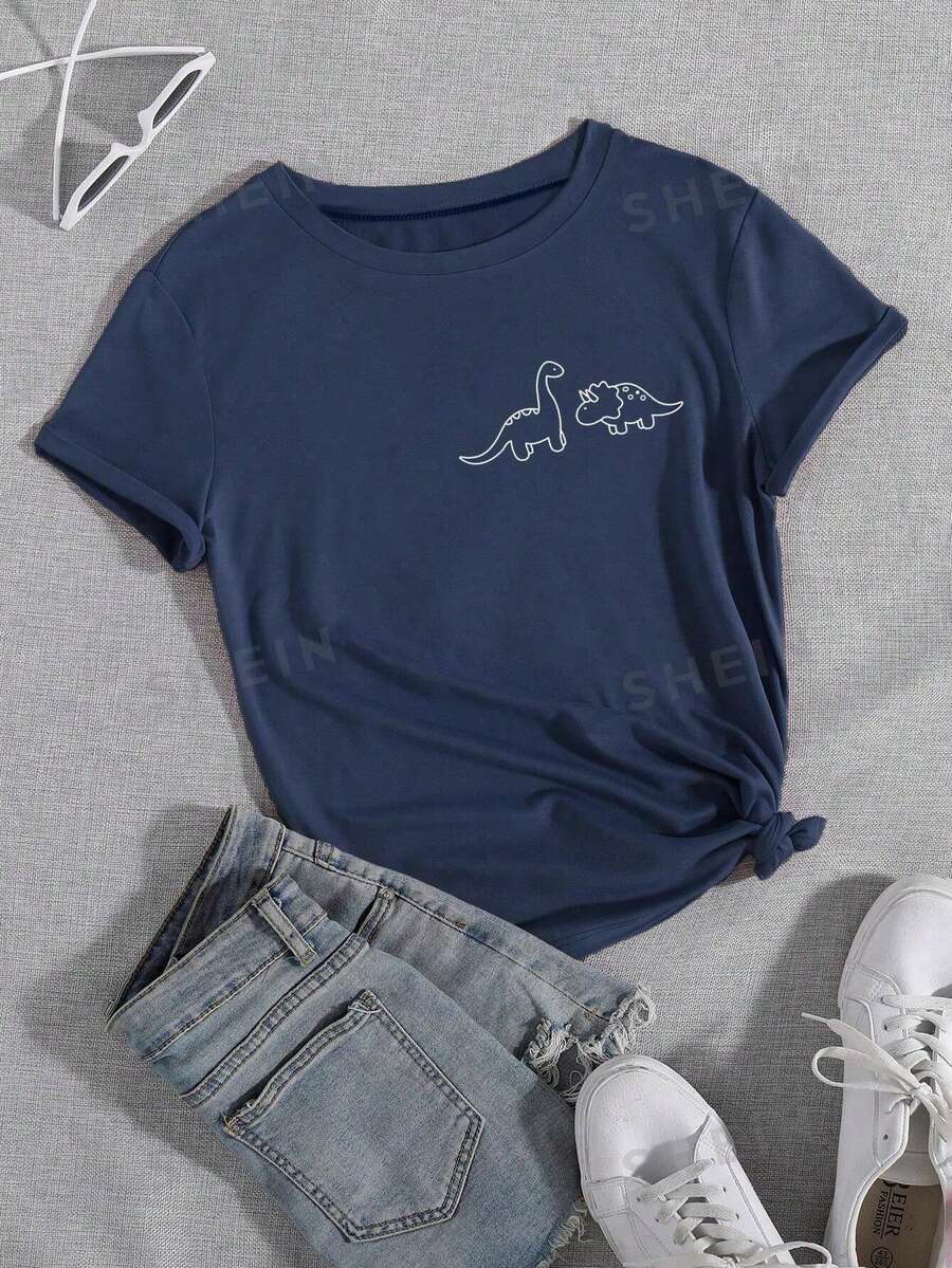SHEIN LUNE Dinosaur Print Tee Graphic Tees Women Tops - Navy Blue - View 1