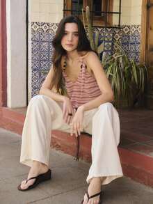 Nöista Striped Halter Top In Soft Pink And Earthy Tones, Featuring A Flattering V-Neckline Adjustable Neck Tie With Decorative Bead Details.Lightweight Flowy - Coral Orange - View 7