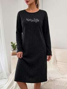 EURMUSE Women Cotton Round Neck Rib Knit Letter Embroidery Detail Long Sleeve Homewear Pajama Dress Long Sleeve Nightgown Sleep Wear Women Loose Loungewear Dress - Dark Grey - View 6