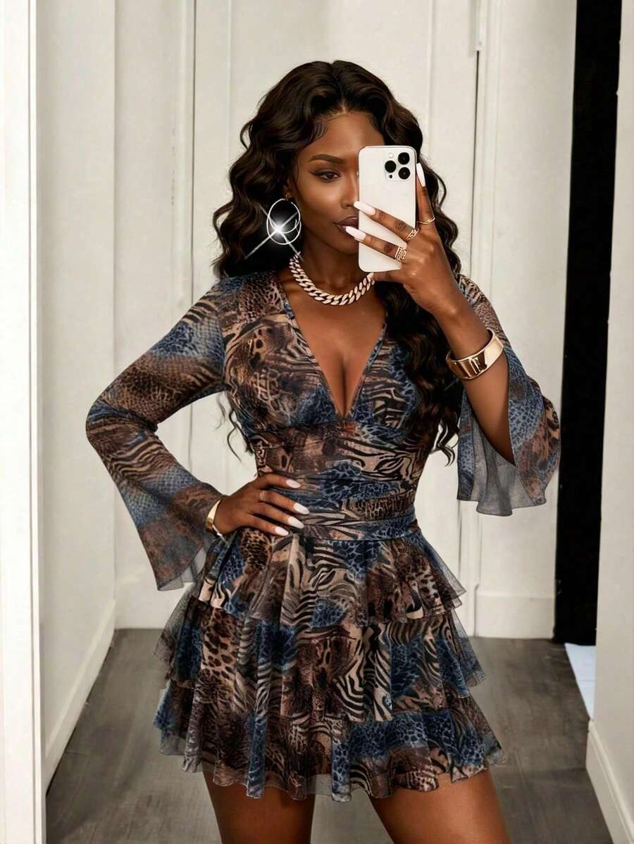 Eryvara Women's Leopard Print Ruched Waist Multi-Layered Mesh Panel Dress,Autumn And WinterDresses For Women,Sexy And Fashionable Party Dress - Navy Blue - View 1