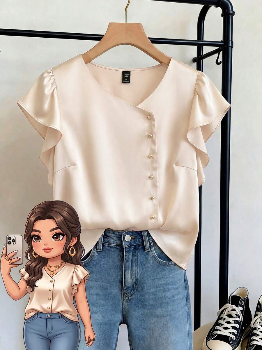 GlowEve CURVE Plus-Size Champagne Summer Elegant Formal Women's Single-Breasted Blouse,Casual Solid-Color Ruffled Short Sleeve Woven Tops For Commuting And Party - Apricot - View 1