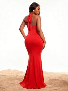 SHEIN SXY Plus Size Red Summer Bandage Halter Neck Tie Slim-Fit Long Dress Metallic Eyelets High-Elastic Knit Sleeveless Bohemian Sexy Elegant Party Vacation - Red - View 2