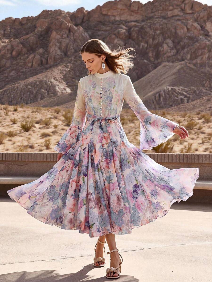 Anewsta Petite Vestido de mujer con estampado floral elegante y romántico, de manga acampanada, para primavera/verano - Albaricoque - Ver 1