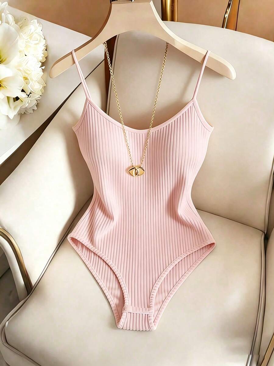 SHEIN Franclia 休闲连体衣、基础款连体衣、叠穿连体衣、优雅度假沙滩夏季连体衣 - 粉色 - 查看 1