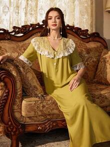 PalaceNights Palace Style Embroidered Floral Lace Patchwork V-Neck Button Front Short Sleeve Nightgown - Olive Green - View 6