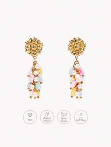 Opalesca 18K Gold Plated,Stained Glass Earrings Bracelet With Random Colors,Premium/Elegant/Classy/Dailywear/Minimalist,Pearl/Crystal,For Mom/Women/Girl/Mother,Summer/Beach/Prom/Party/Holiday/Vacation,Engagement/Wedding/Promise,Bride,Heart/Floral,Fairycore/Mermaid Core - Multicolor - View 4
