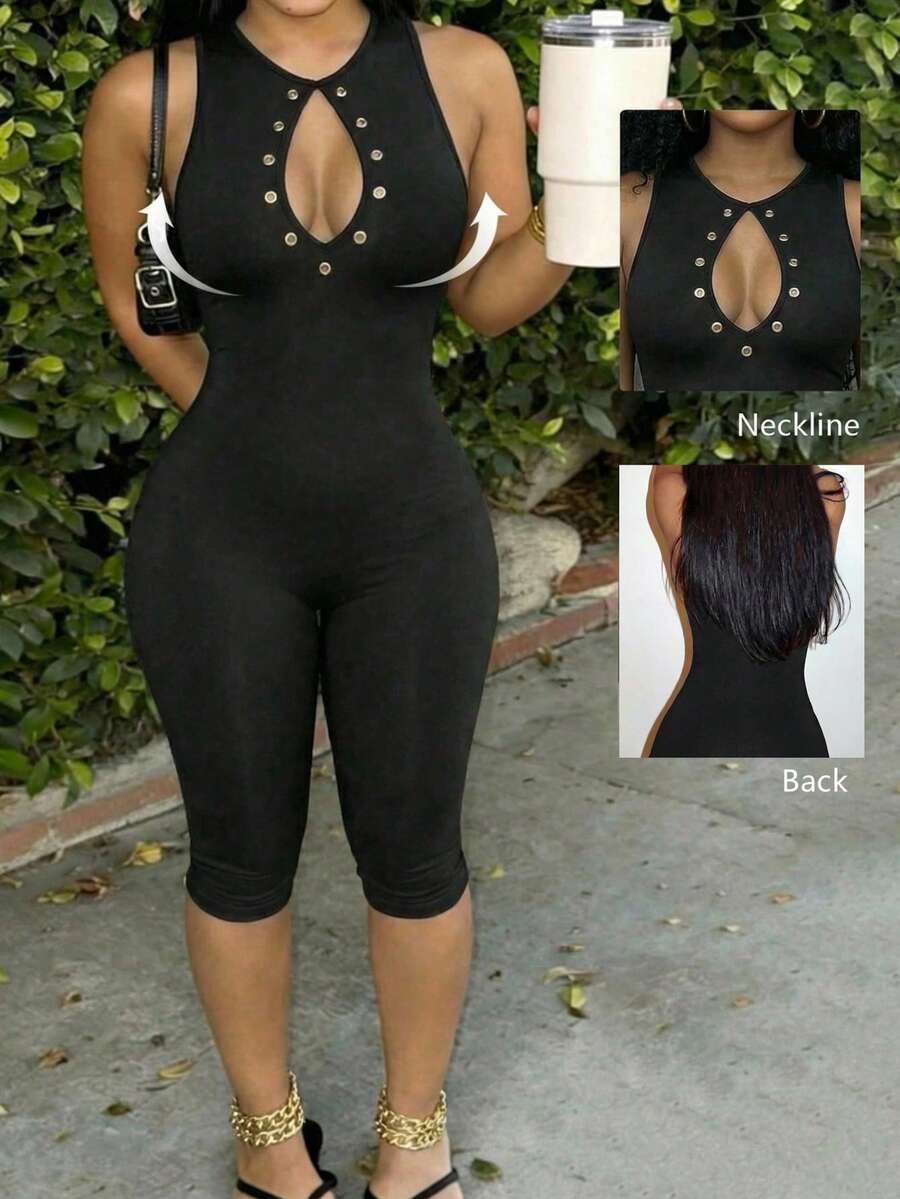 Slaydiva Summer Casual Slim Fit Black Eyelet Cutout Sleeveless Capri Jumpsuit For Women,Street Style Gym Outfit,Cow Boy Style,Music Festival Party Clubwear - Black - View 1