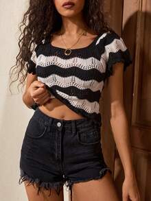 SHEIN WOMEN'S WEAR Black & White Ripple Top - Black and White - View 5