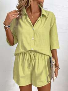 EMERY ROSE Women's Solid Color Drop Shoulder Short Sleeve Front Button Loose 2 Pieces Set, Fashionable For Summer - Olive Green - View 3