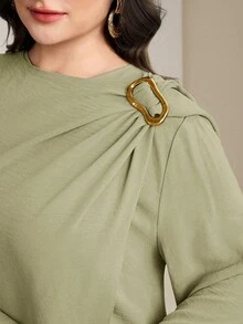 Veilorie Plus Size Solid Color Round Neck Long Sleeve Decorative Ring Casual Elegant Loose 2 Pieces Set Formal Wedding Bride Sage Green Autumn Fall - Green - View 8