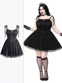 ROMWE Goth 哥特风优雅蕾丝拼接收腰大码女式吊带连衣裙，生日派对礼服 - 黑色 - 查看 8