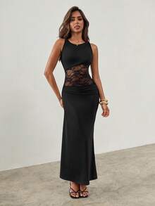 SHEIN ICON Đầm nữ mùa hè kiểu đồng quê Y2K màu đen, thích hợp cho các buổi hòa nhạc, lễ hội, tiệc bãi biển, trang trọng, thanh lịch, phối ren tương phản, hở lưng. - màu đen - Xem 9