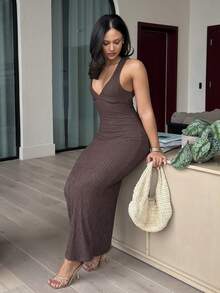 leahseptember Women's Dress Textured Knitted Dress Metal Button Decoration Backless Dress Brown Dress Elegant Women's Elegant Backless Sleeveless Dress, Summer Bodycon Maxi Dress Y2k Clothes Country Concert Outfit Old Money Streetwear Going Out Outfits Party - Brown - View 1