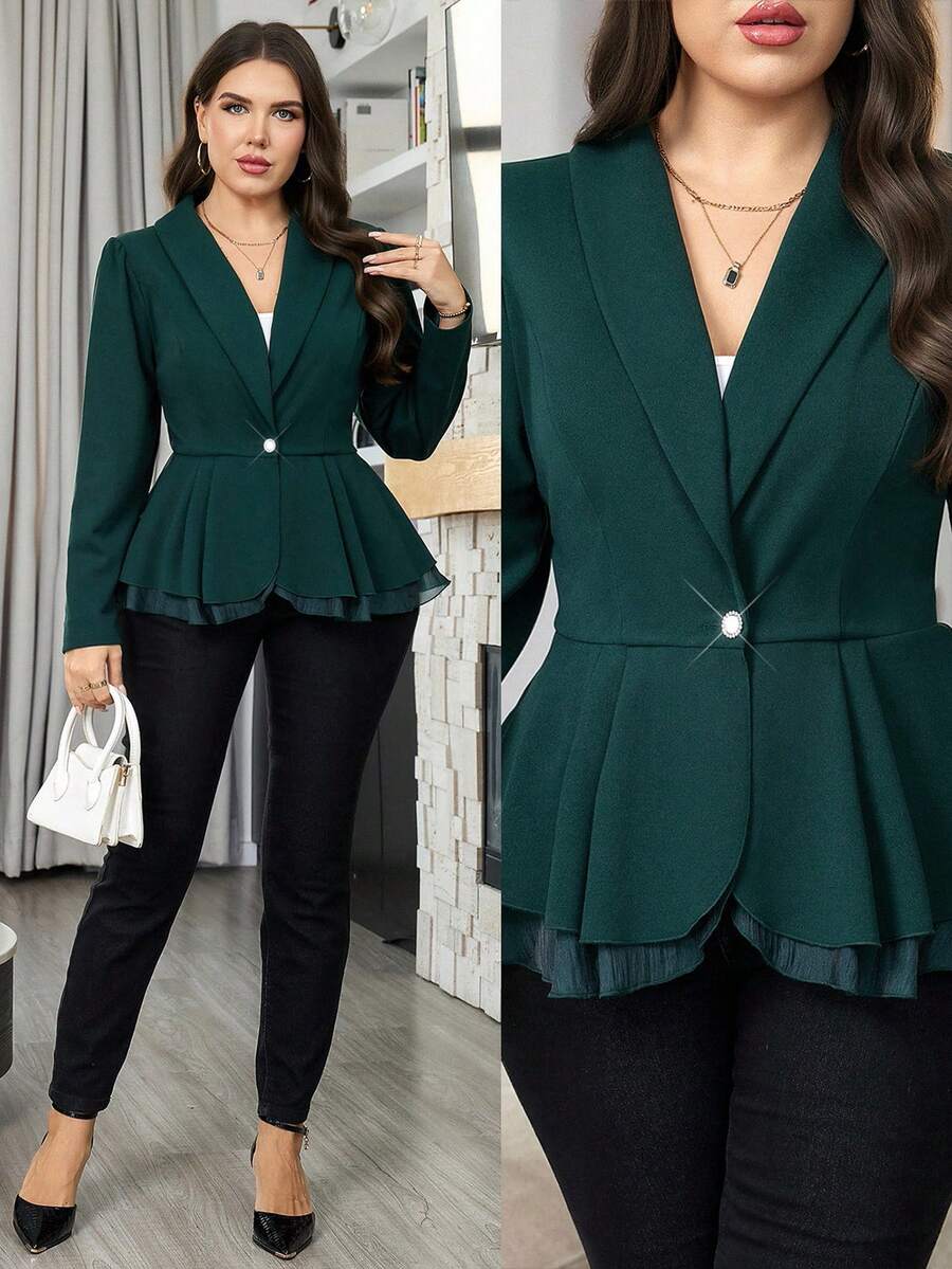 Modelyn Blazer ajustado de unicolor de negocios casuales para mujer de talla grande, ropa de otoño e invierno para mujeres - Verde - Ver 1