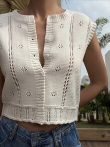 DAZY Women's Hollow Out Casual Crew Neck Cropped Knit Top Summer - Apricot - View 7