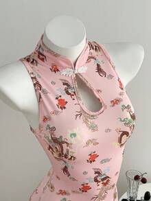 Elamini Women's Spring/Summer Mandarin Collar Button-Up Vintage Elegant Dragon Print Sleeveless Dress, Sweet Sexy, Chinese Retro Style, Y2K Holiday Pink - Pink - View 1