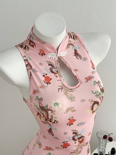 Elamini 女士春夏立领纽扣复古龙纹无袖连衣裙，甜美性感，中国复古风，Y2K