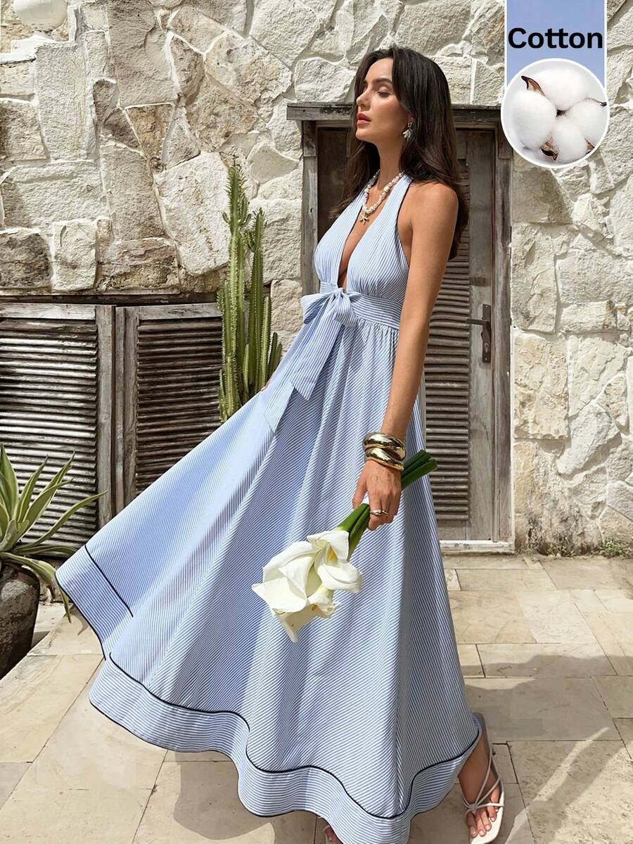 SHEIN Frenchy 新款蓝白条纹收腰喇叭连衣裙,女士春夏款 - 藍白色 - 查看 1