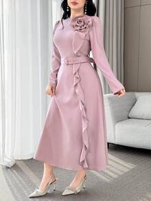 Feyla 女式优雅纯色荷叶边中长连衣裙 - 粉色 - 查看 4