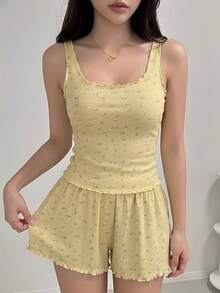 DAZY 2pcs Comfortable Ditsy Floral Women Pajama Set, Summer - Yellow - View 4