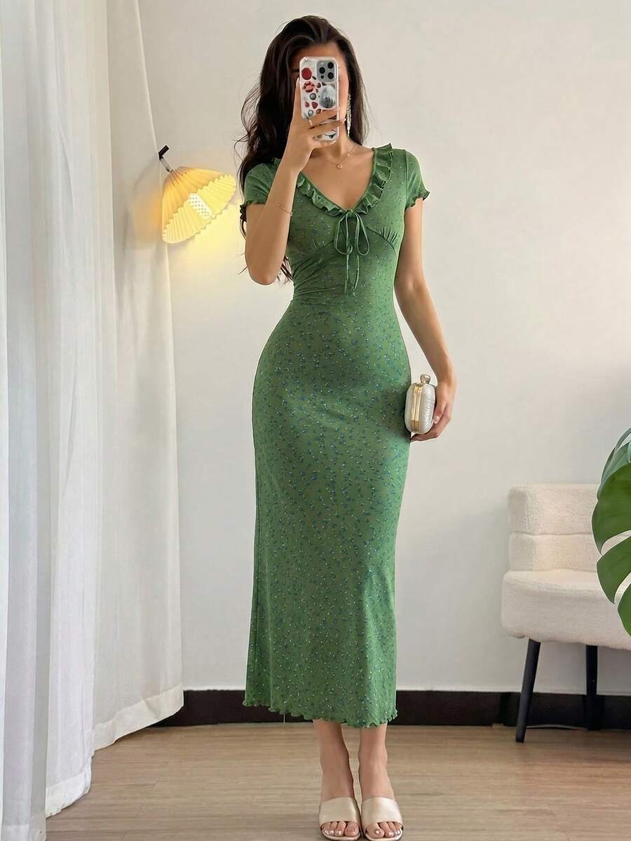 DAZY Đầm ôm sát cổ chữ V viền bèo nhún tay ngắn dành cho nữ, đồ ngủ mùa hè. - màu xanh lá - Xem 1