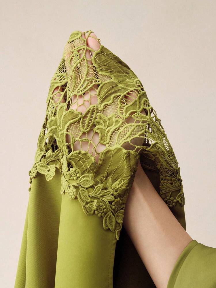 New Elegant Fashion Lace Patchwork Green Flare Sleeve Blouse For Women, Suitable For Spring/Summer, Outdoor, New Year Party