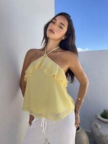 Aloruh Camiseta sin mangas con cuello halter, decoración metálica y volantes multicapa en color amarillo para mujer, primavera/verano - Amarillo - Ver 3