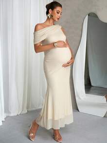 MaterniChic Maternity Elegant White Summer Dress,Pregnant Women's Asymmetrical Shoulder Bodycon Luxury Evening Party Dress For Baby Shower Wedding Guest - Apricot - View 5