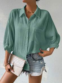 SHEIN Camisa de verano de botones delanteros suelta, cómoda y transpirable, de unicolor y textura - Verde - Ver 3