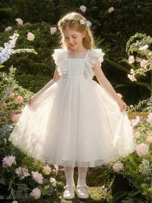 Glamorique Kids Đầm tay ngắn cổ tròn phối ren lưới tương phản thêu hoa mới cho bé gái mùa xuân/hè. - trắng - Xem 6