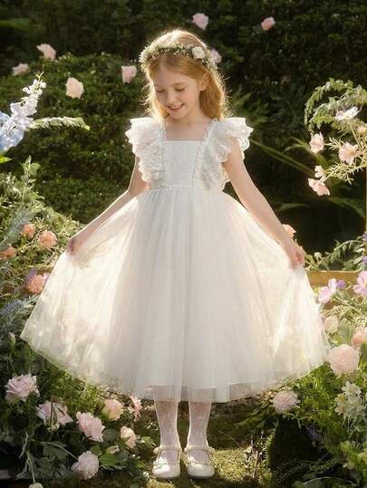 Glamorique Kids 女童春夏新款圆领网纱撞色蕾丝刺绣花卉短袖连衣裙