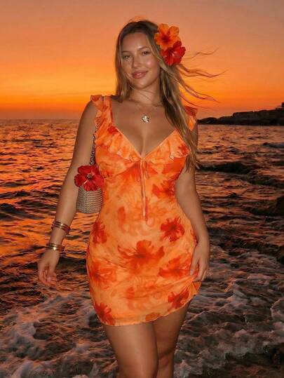 SHEIN ICON Vestido largo de mujer talla grande para vacaciones de verano con estampado de flores efecto tie-dye, cuello corazón, volantes en la cintura y lazo