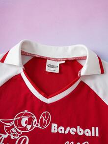 THE POWERPUFF GIRLS X SHEIN Young Girl' Colorblock Print Short Sleeve T-Shirt And Shorts Set - Red and White - View 3