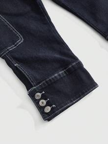 ROMWE Grunge Punk Trang phục dự lễ hội âm nhạc Indie Sleaze phong cách Y2K, quần short denim bó sát cạp thấp có túi trang trí, thích hợp cho mùa xuân/hè. - Màu xanh hải quân - Xem 4