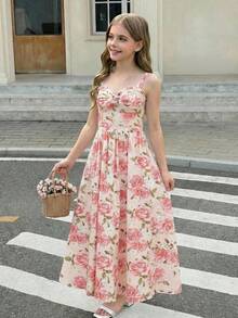 SHEIN 少女休闲优雅法式碎花荷叶边腰带连衣裙，适合春季外出、日常穿着、下午茶、母女装。 - 粉色 - 查看 2
