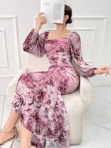 Women's Elegant Flower Print Lantern Sleeve Slim Fit Mermaid Long Dress, Spring/Summer Long Evening Dresses - Multicolor - View 3