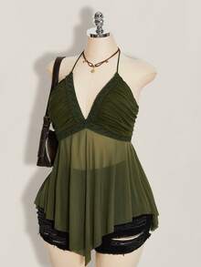 SHEIN ICON Plus Size Asymmetrical Mesh Patchwork Halter Neck Tank Top For Women - Army Green - View 4